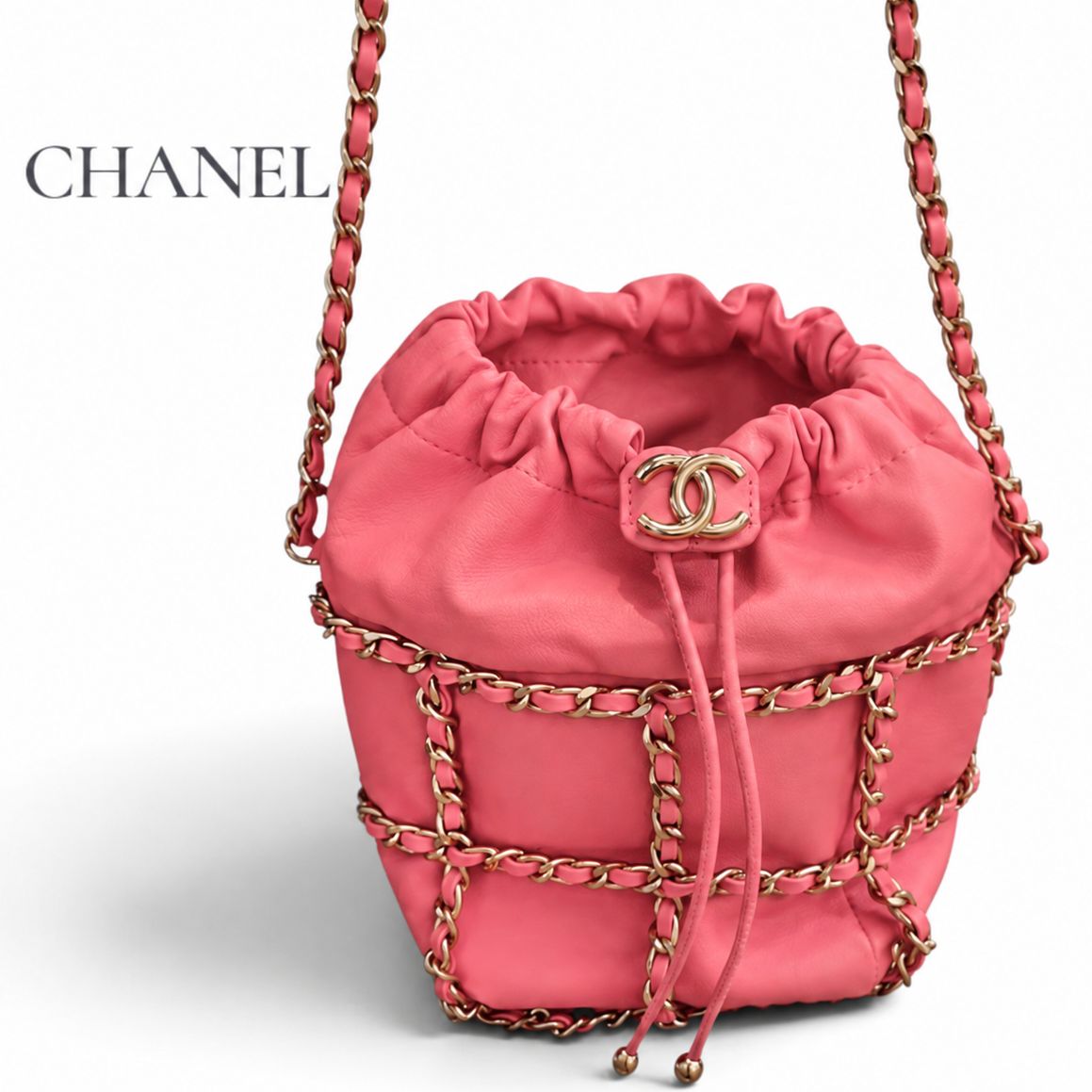 激レア❤CHANEL❤レッドラメ巾着ショルダーバッグゴールドチェーン 美品】CHANEL シャネル チェーンケージ ドローストリング バケット