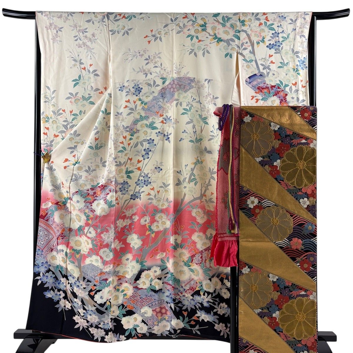 美品】 振袖 身丈159cm 裄丈65.5cm M 袷 袋帯フルセット 桜 花鳥