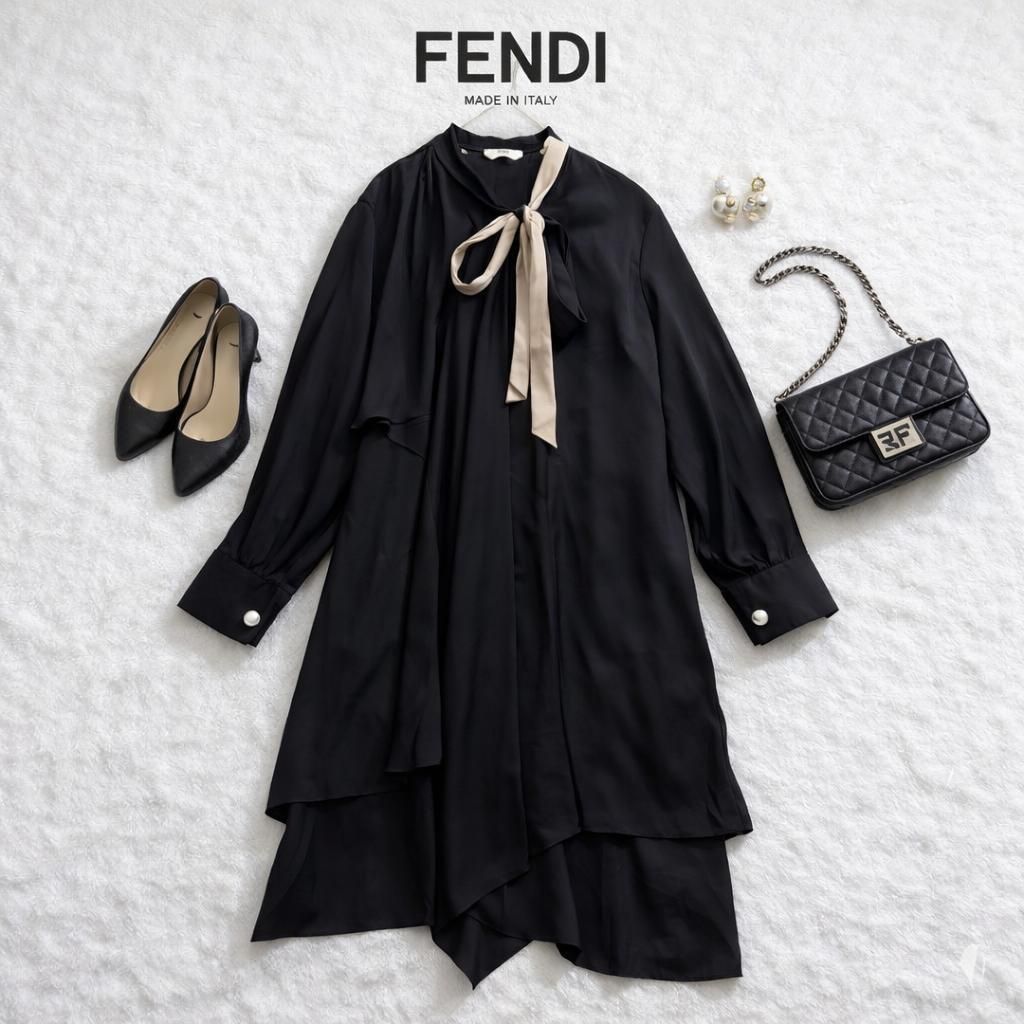 FENDI レイヤードデザイン シルクワンピース パール調カフス ブラック 黒