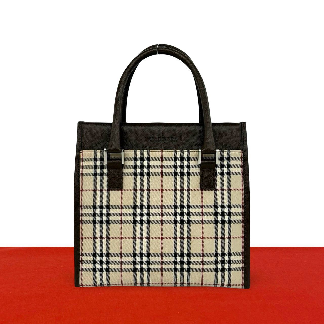 極 美品 BURBERRY バーバリー ロゴ 刻印 ノバチェック 柄 キャンバス