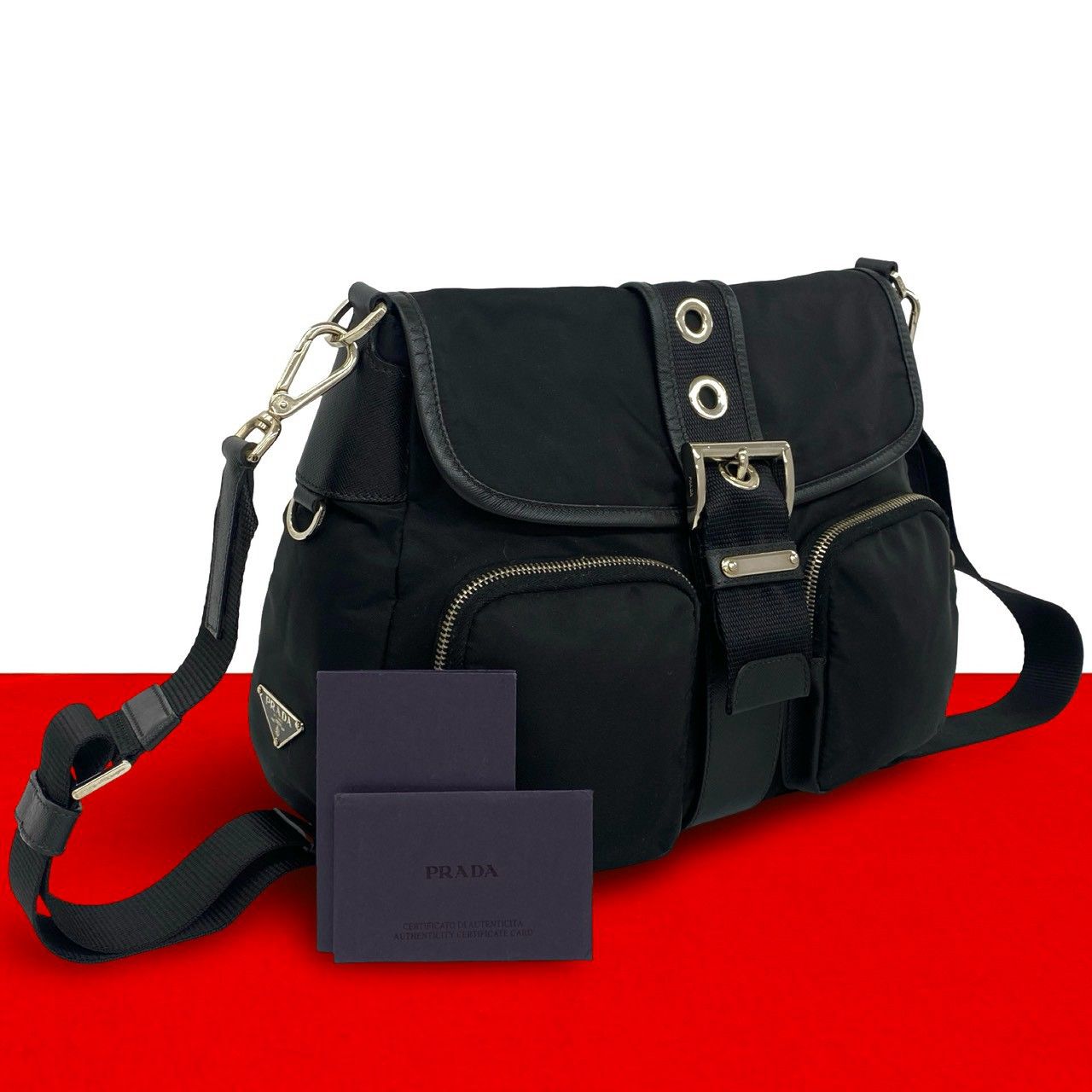 極 美品 PRADA プラダ 三角 ロゴ 金具 テスート ナイロン サフィアーノ