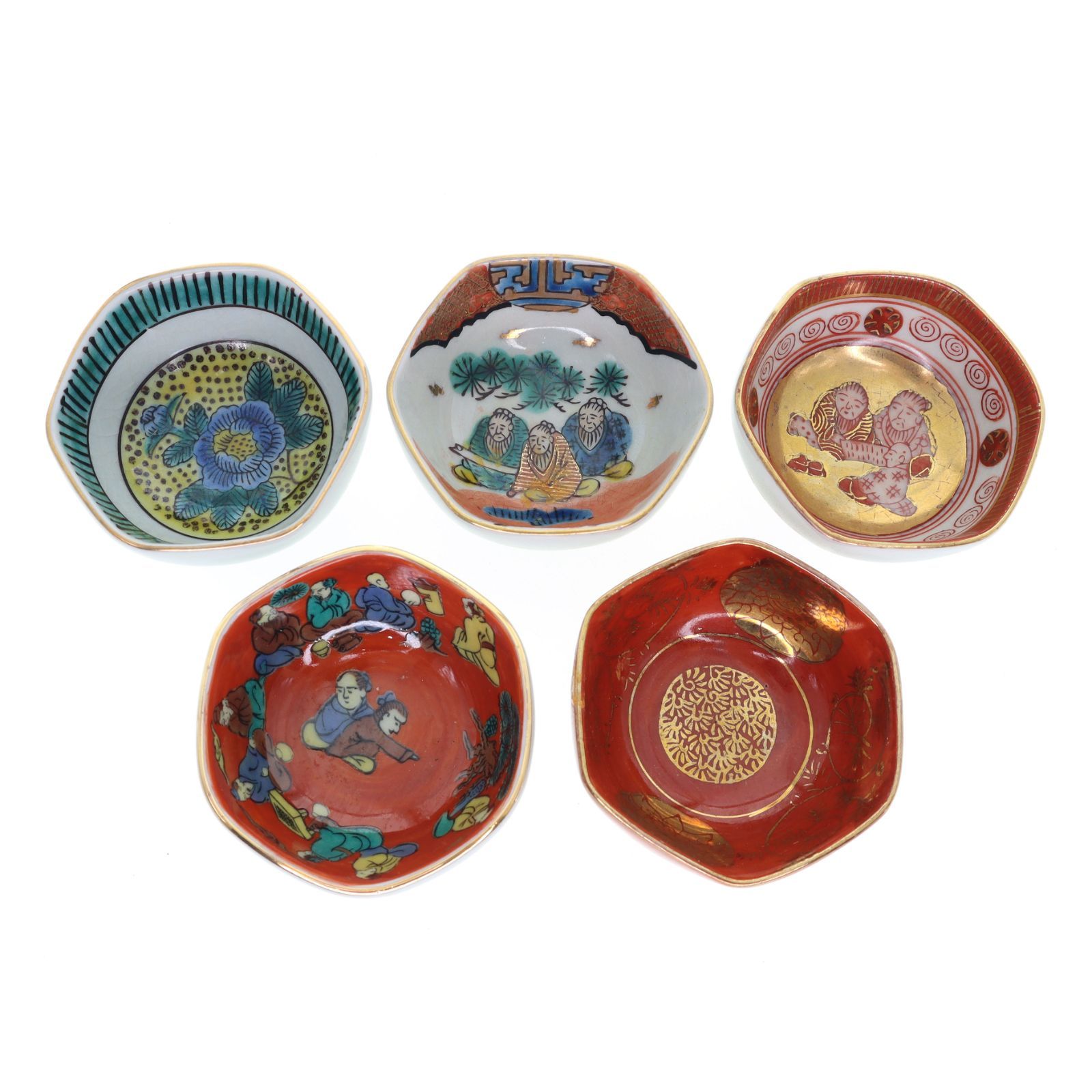 中古】※木箱付 石盛造 共箱 九谷焼 時代盃 組盃 5客セット ぐい呑 小鉢