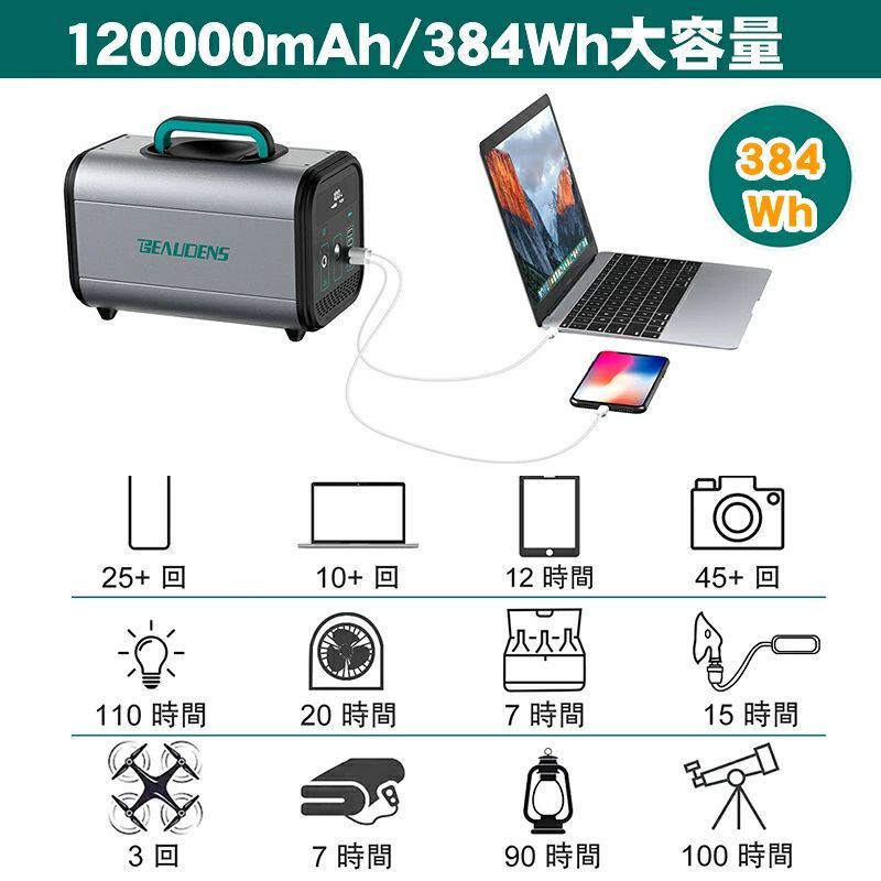 ポータブル電源 384Wh 120000mAh リン酸鉄リチウム 大容量 純正弦波