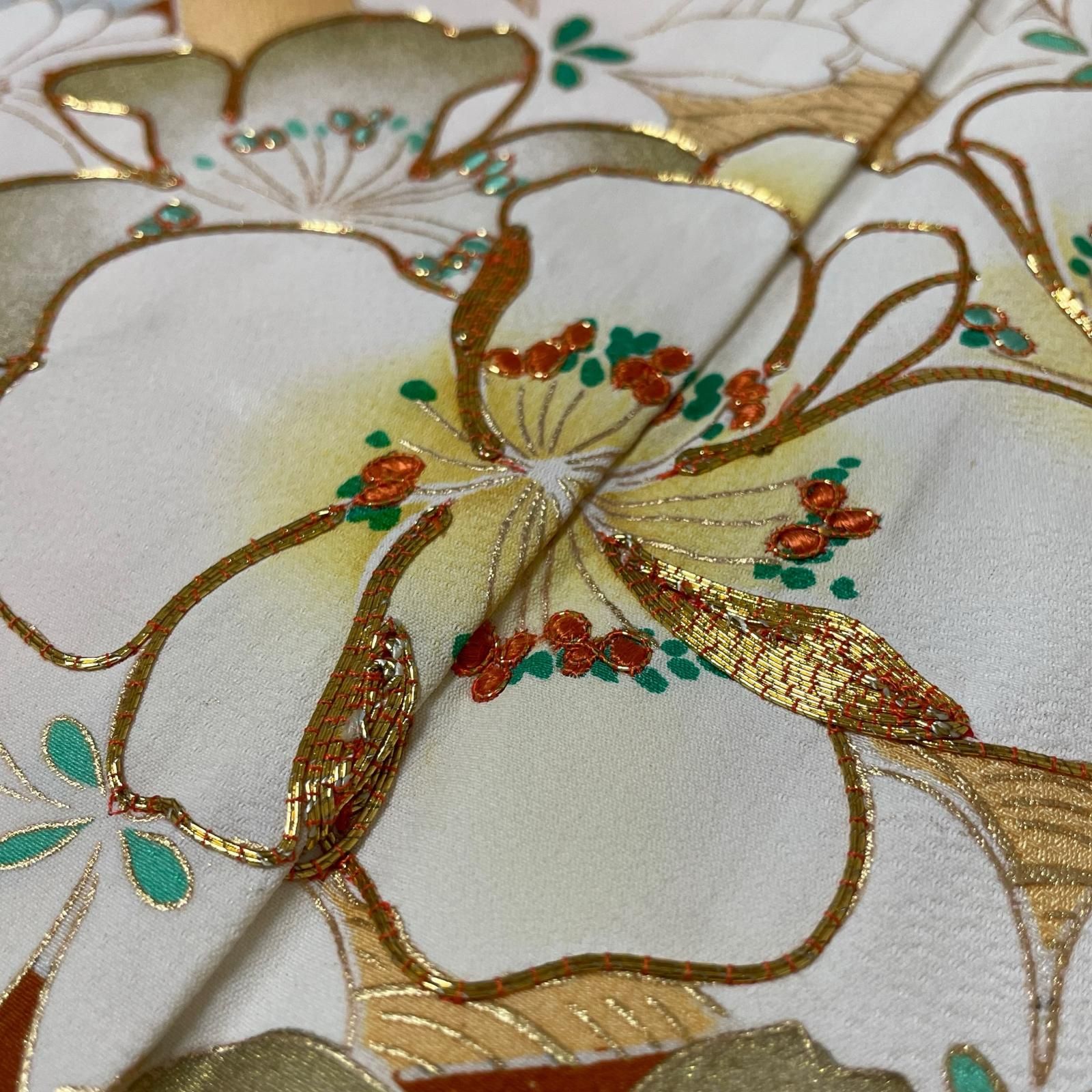 振袖 二尺袖 荒波に花模様 金駒刺繍 着物 正絹 X-3880 - メルカリ