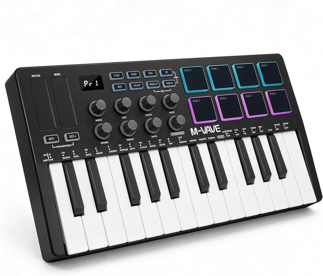 M-VAVE SMK-25 MIDIキーボード 25鍵 ベロシティ対応 Bluetooth/USB接続 バッテリー内蔵 RGBドラムパッド8個 カスタムノブ8個 アルペジエーター・コード・スケール機能搭載 Win/Mac/iOS/Android対応 ブラック