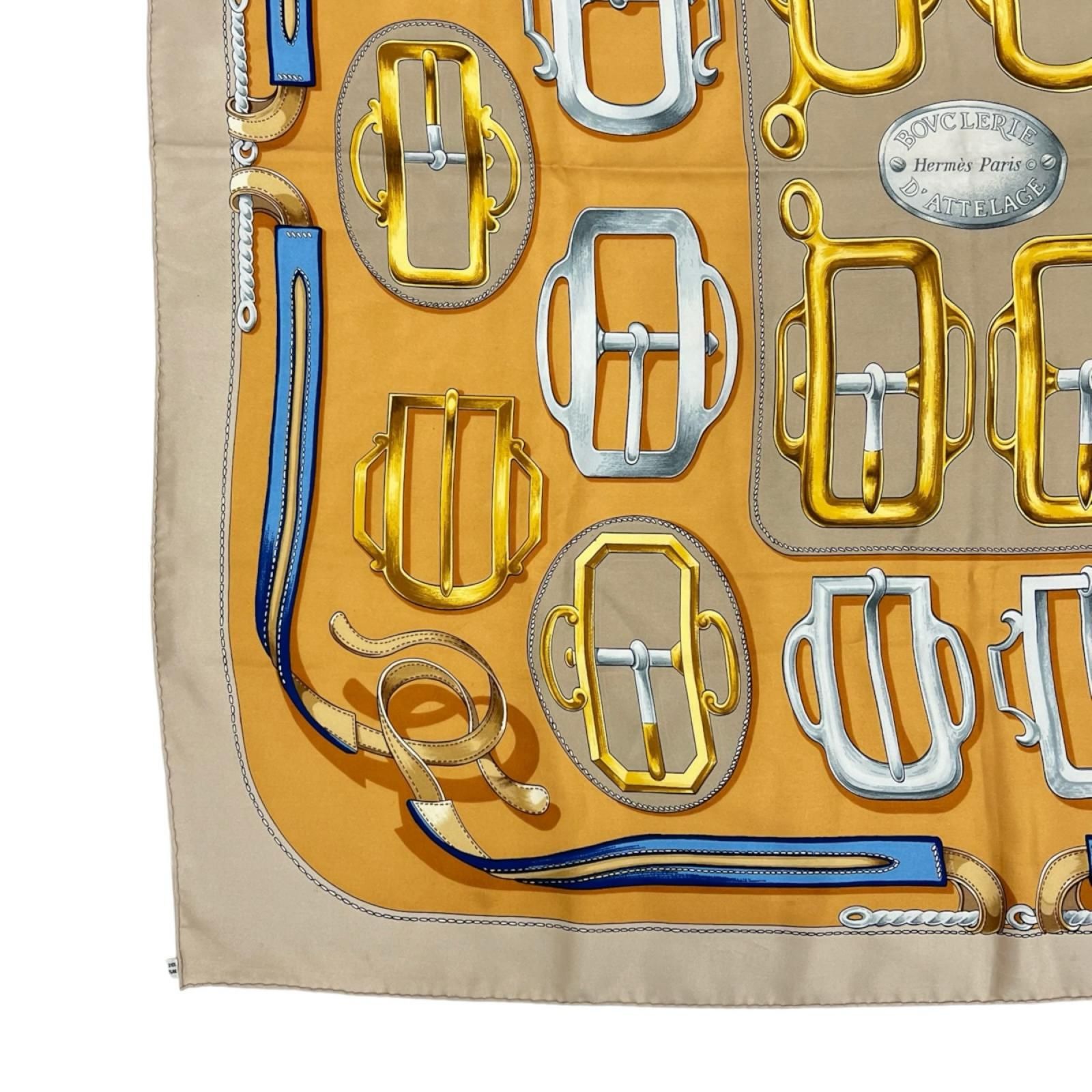 HERMES カレ90 スカーフ BOUCLERIE　馬具のバックル　タグ有り HERMES エルメス カレ90 スカーフ シルク ブラウン レディース