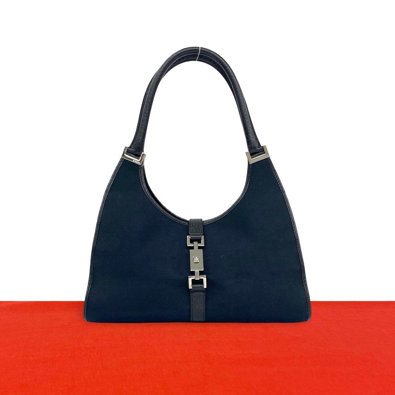 極 美品 GUCCI グッチ ジャッキー ロゴ 金具 キャンバス レザー 本革