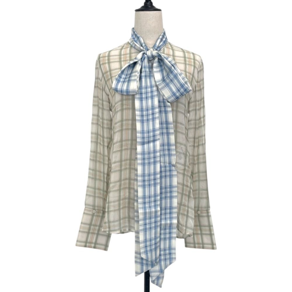26SS Acne Studios アクネストゥディオズ スカーフ付きシルクブラウス RW-WN-BLOU000002 サイズ32 グリーン ブルー レディース 春 夏 秋 冬 中古 古着 USED 美品