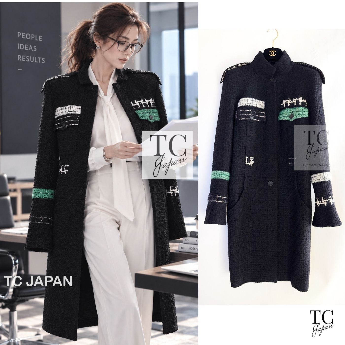 シャネル ジャケット コート CHANEL ブラック グリーン ウール シルク