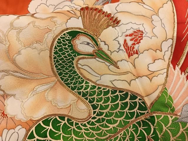 平和屋着物□豪華振袖 駒刺繍 孔雀牡丹花文 金彩 正絹 逸品 BAAY0713mz