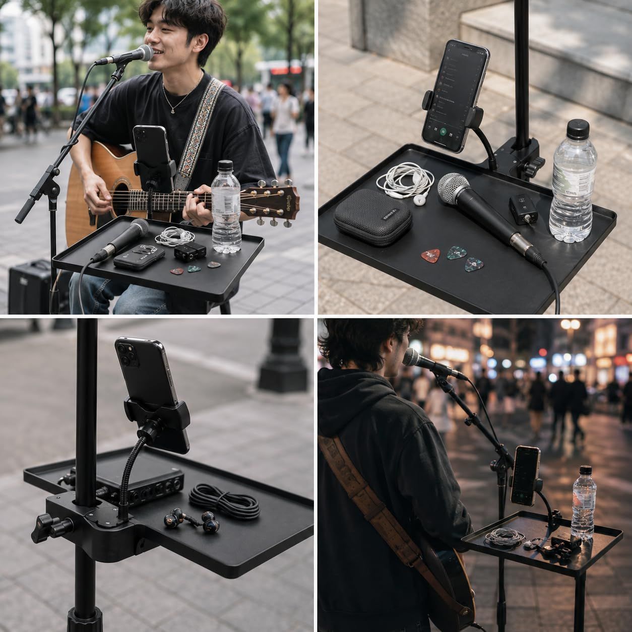 GLOFIN マイクスタンドトレイ スマホホルダー付き 26.5×20cm クランプ
