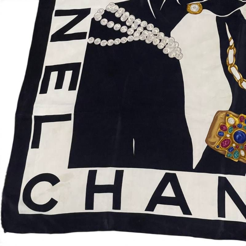 VINTAGE CHANEL 大判 シルクスカーフ マドモアゼル ココ グリポア 希少 CHANEL シャネル 大判 シルクスカーフ マドモアゼル ココ