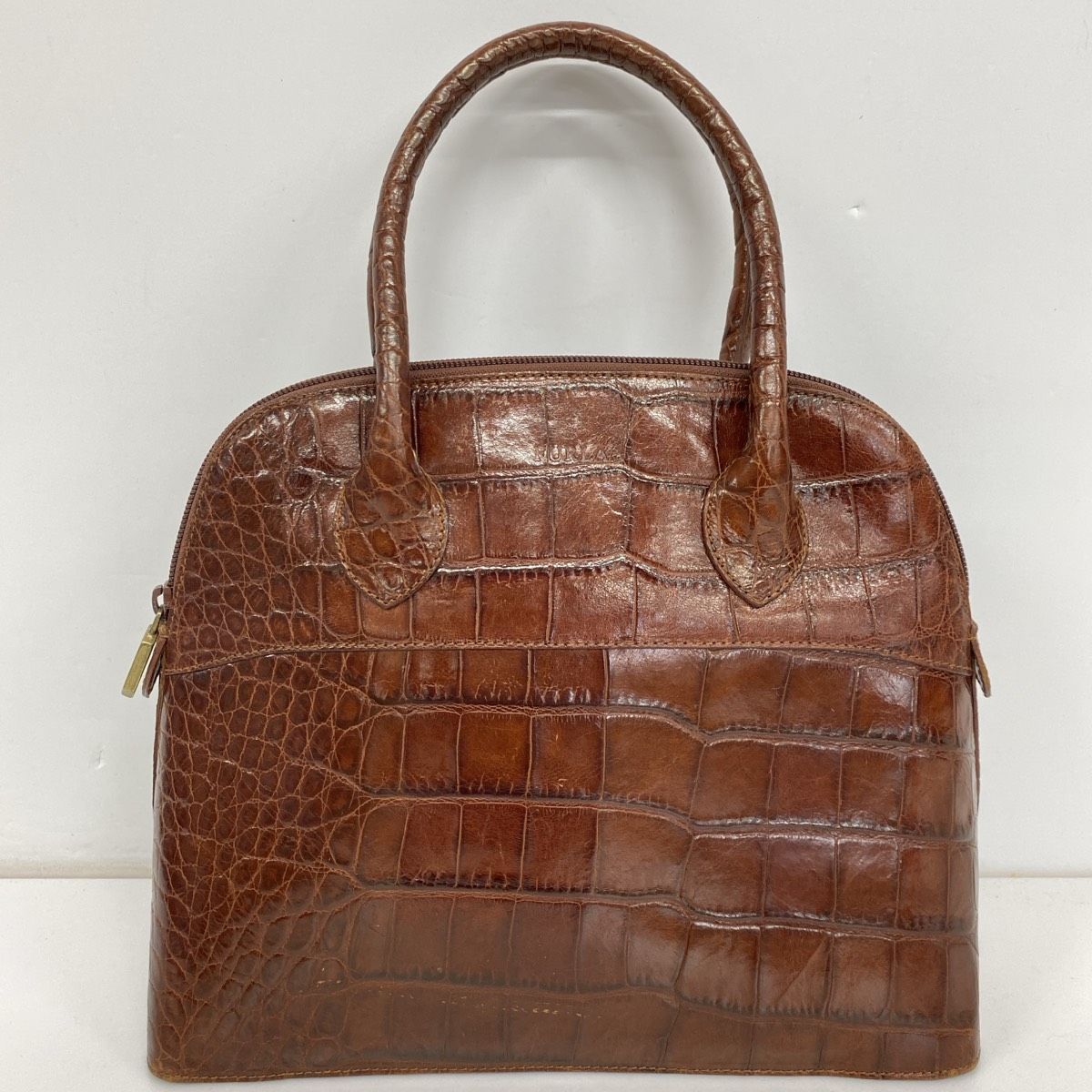 ブラウン クロコダイル型押し 旅行カバン　4輪タイプ　※イタリア製 FURLA/フルラ クロコ型押し ハンドバッグ ブラウン 茶色 イタリア製