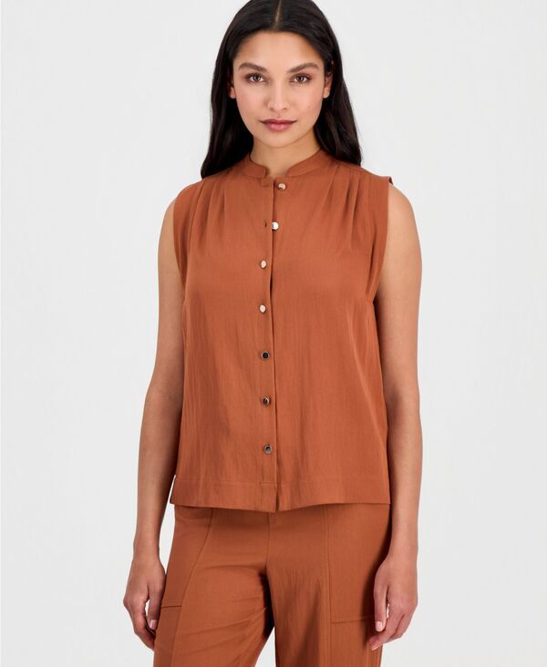 アンクライン レディース トップス シャツ プチ ノースリーブ Anne Klein Womens ButtonFront Sleeveless Top Regular Petite Cedar Sp