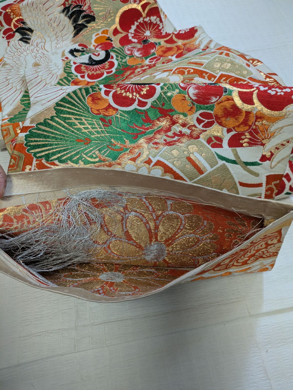 アンティーク 丸帯 鶴 松 菊 豪華 正絹 両面同柄 正絹 花文様 金銀糸