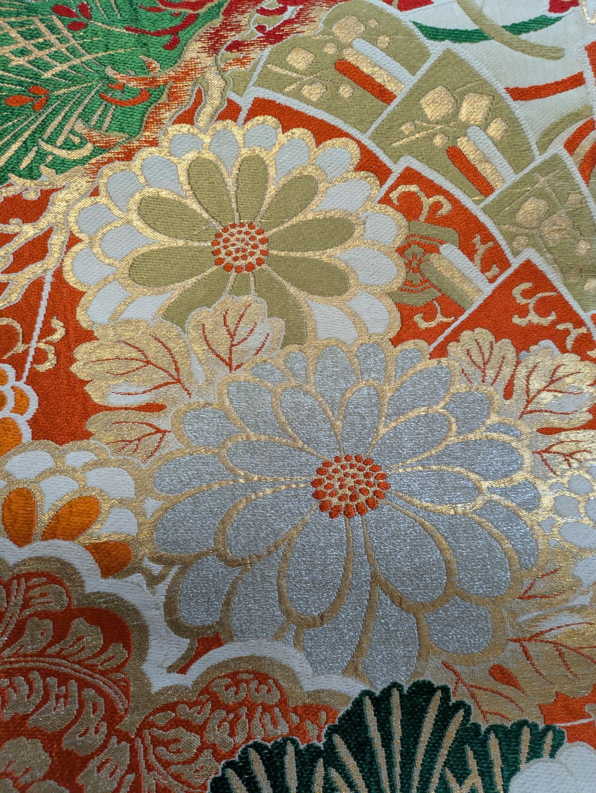 アンティーク 丸帯 鶴 松 菊 豪華 正絹 両面同柄 正絹 花文様 金銀糸