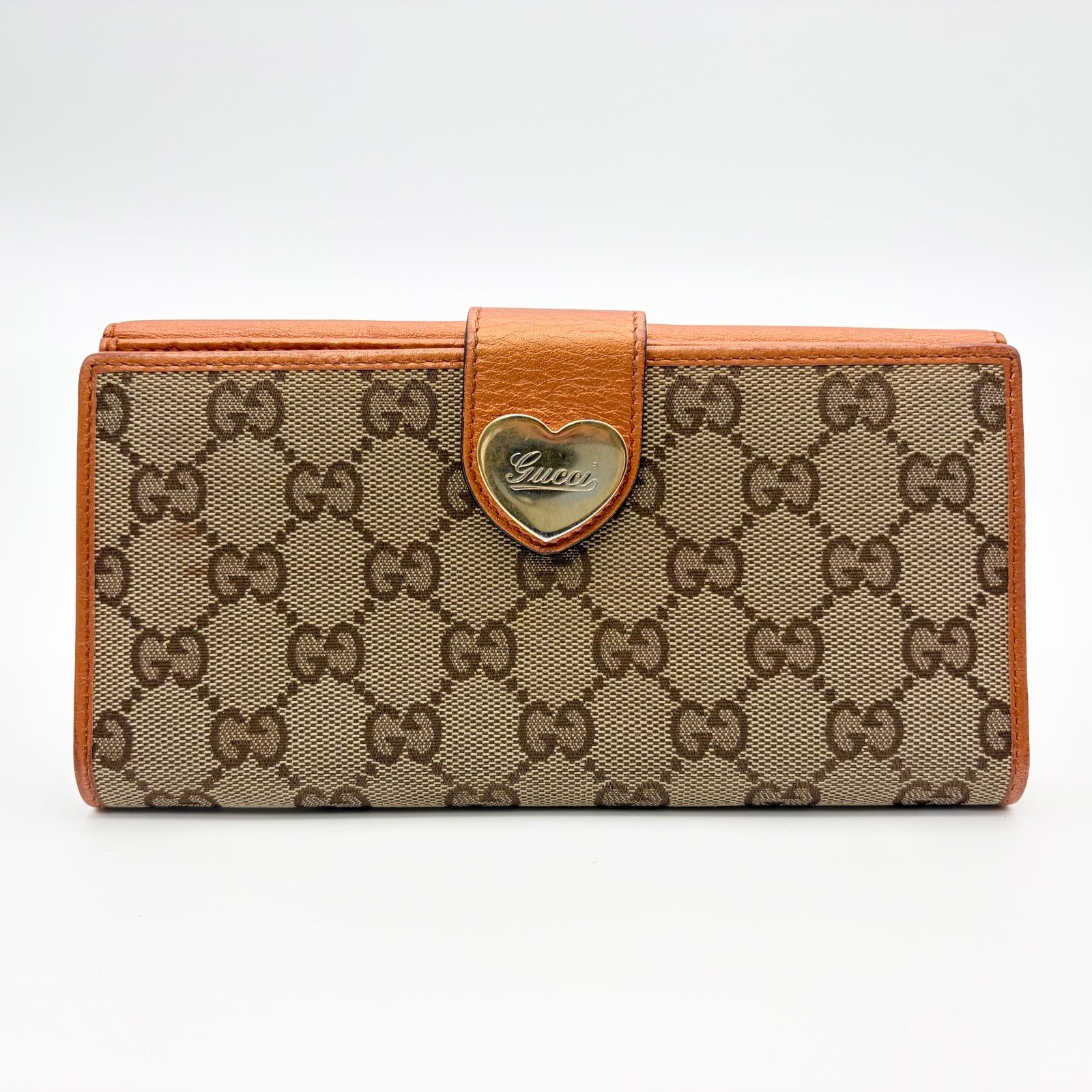 GUCCI グッチ 長財布 ハートロゴ オレンジ メタリック Wホック フラップ キャンバス