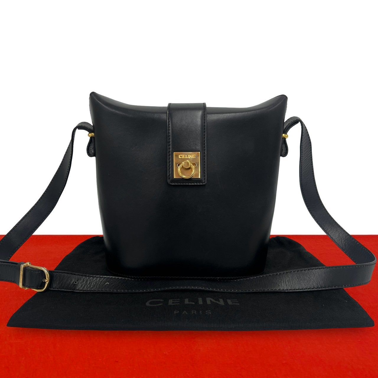 極 美品 袋付き CELINE セリーヌ ヴィンテージ ロゴ リング金具 カーフ
