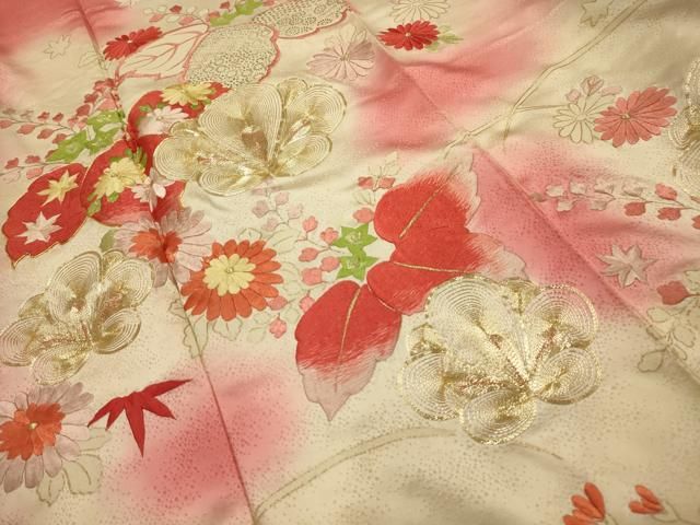 平和屋着物□豪華振袖 駒刺繍 草花文 暈し染め 金彩 正絹 逸品