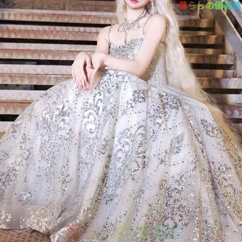 ウェディングドレス 二次会ドレス 花嫁ドレス 袖なし キャミソールドレス フレア Aライン パーティー ロングドレス 演奏会 イブニングドレス カラードレス 成人式 Aライン ラメ きらきら d929
