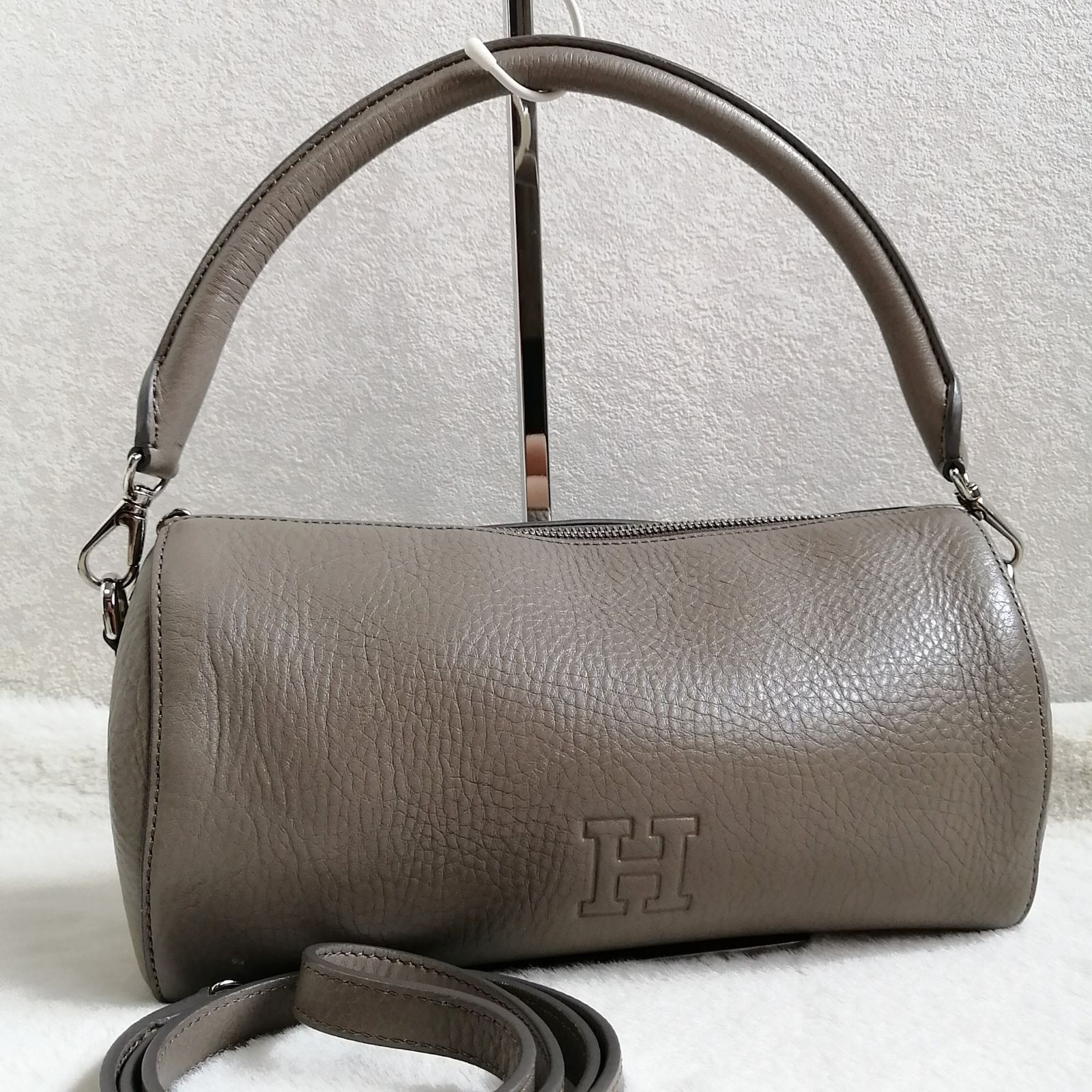 HIROFU ヒロフ ハンドバッグ グレー　プリマ　2WAY　美品　牛皮　ブタ皮 ヒロフ ショルダーバッグ プリマ ハンドバッグ 2way グレージュ レザー