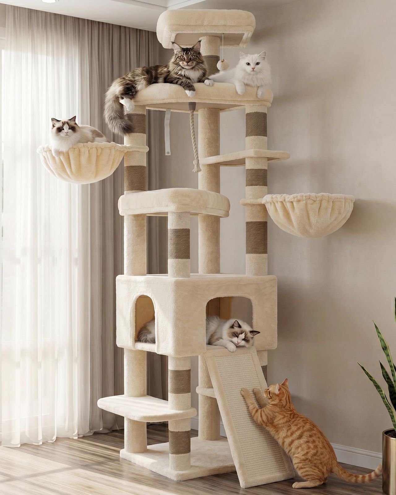 Heybly キャットタワー 210cm 大型猫対応 据え置き 猫タワー 多頭飼い 大型キャットタワー ハンモック2個 猫ハウス 爪とぎポール11本 ワイド爪とぎ板 多段ステップ 展望台 安定設計 室内猫 運動不足解消 ベージュ HCT063MJ