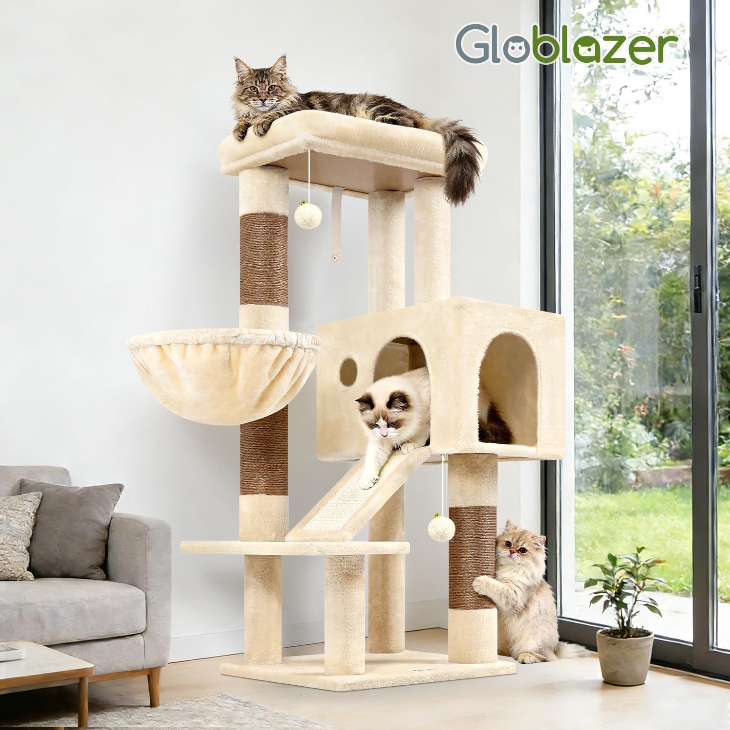 Globlazer S45 キャットタワー 低い 多機能 付き ハンモック 据え置き