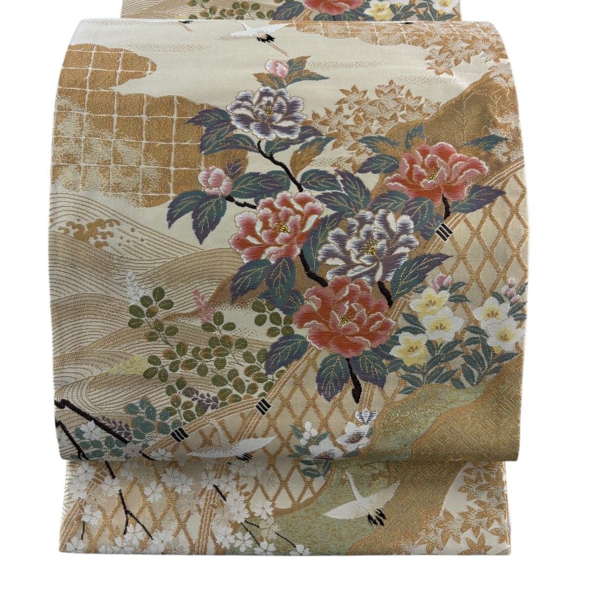 【美品】 丸帯 秀品 加賀琳派 草花 光悦垣 金糸 箔 ベージュ 六通 正絹 【中古】 8,260円