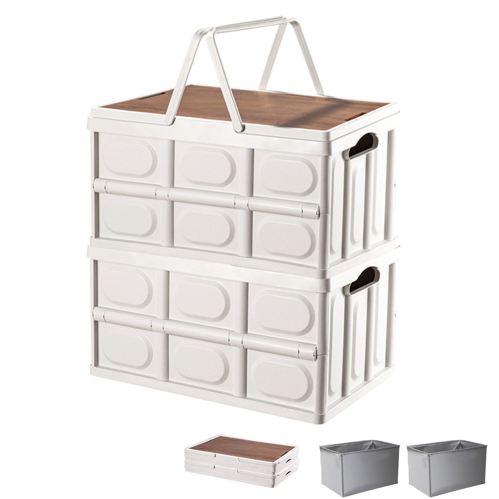 SONGSONG 【収納ボックス 折りたたみ】 キャンプ 35L 折りたたみ 2個セット 収納ケース 衣類 布団 小物 収納 折り畳み コンテナ キャンプ用品木製の蓋付き 持ち手 組立簡単 多機能 強い耐荷重 大容量 家庭用 車用（ホワイト， 2a114647