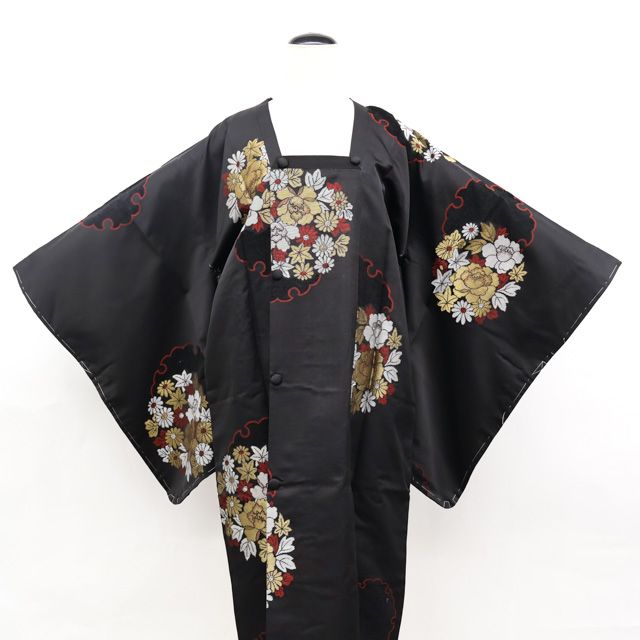 京松】道行コート アンティーク 金糸 しつけ付 雪輪 花 着物 正絹 身丈