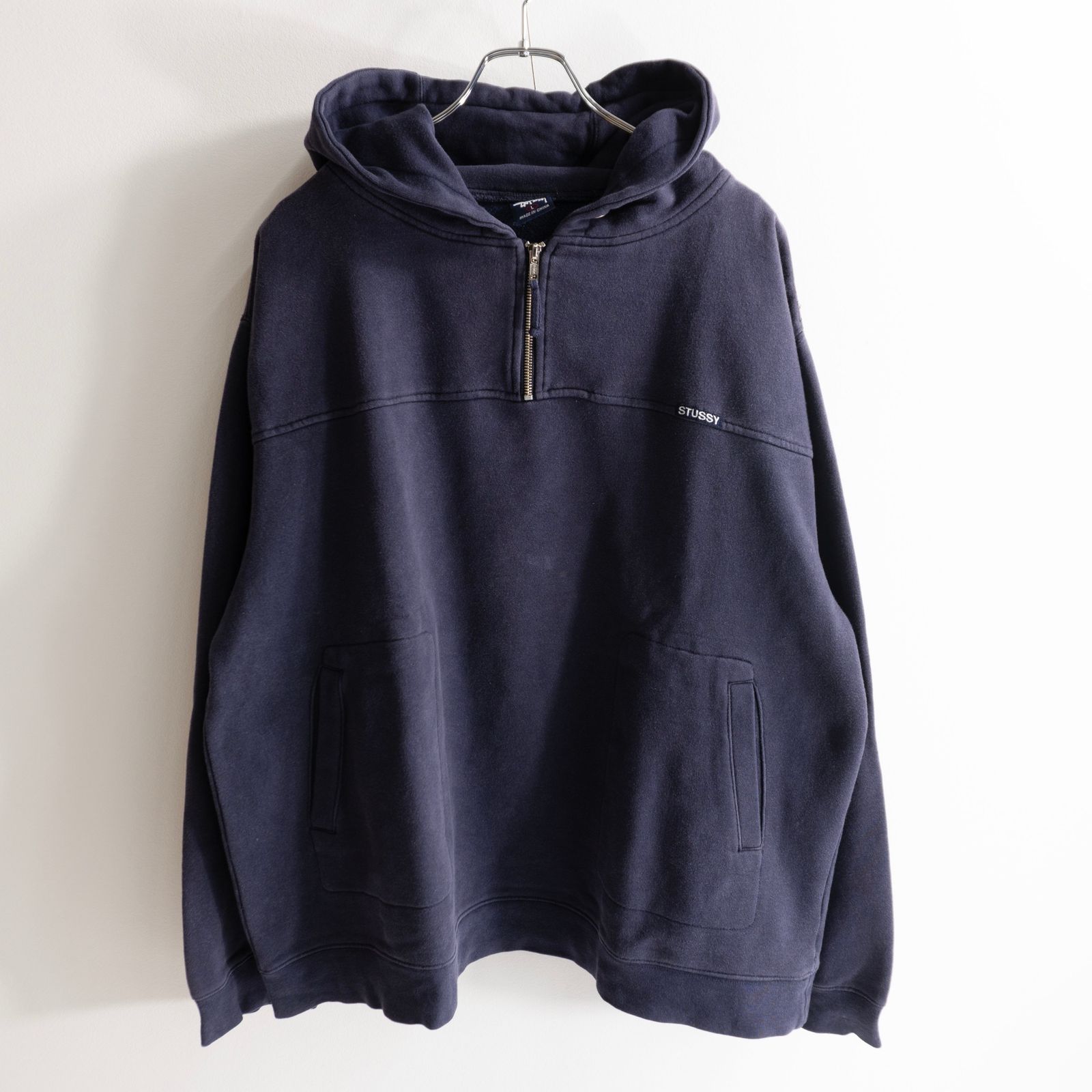 90s 紺タグ　OLD STUSSY ジップパーカー　フーディ 90s】OLD STUSSY【ハーフジップ プルオーバー パーカー】L