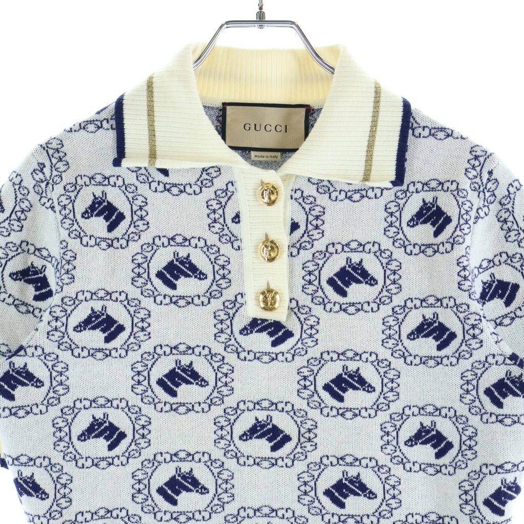 GUCCI (グッチ) ホースモチーフ総柄 ボタンアップ半袖ポロシャツ