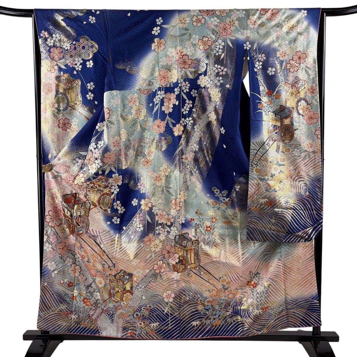 振袖 身丈159cm 裄丈65cm M 袷 御所車 桜 金銀彩 金糸 青 正絹 秀品