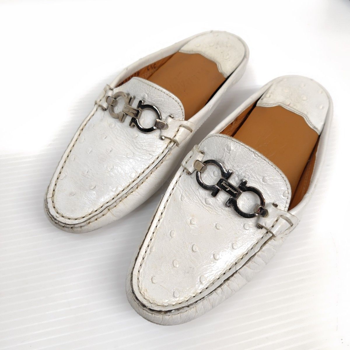 Salvatore Ferragamo フェラガモ サンダル 4.5C ミュール ガンチーニ オーストリッチ風 レザー