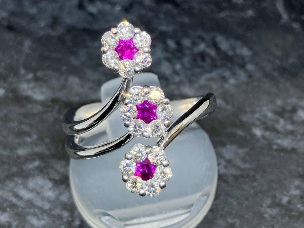 K18 WG ルビー ダイヤモンド 3フラワーモチーフ リング R0.29ct D0.55ct 5.5g #10 赤石 花 18金 ホワイトゴールド 指輪 151,778円