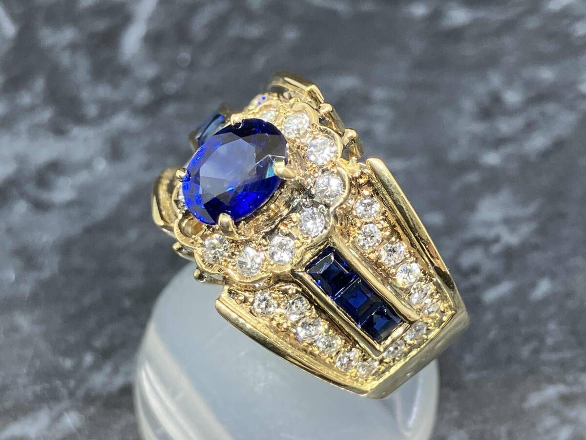 K18 ブルーサファイア ダイヤモンド デザインリング #10.5 8.2g 1.4ct 0.48ct 1Pダイヤ取れ有り 青石 18金 イエローゴールド 指輪 YG 208,364円