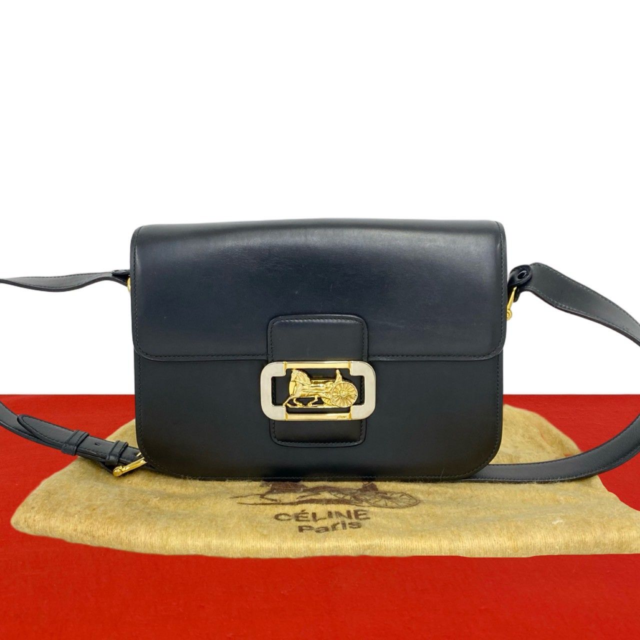 極 美品 袋付き CELINE セリーヌ ヴィンテージ ロゴ 馬車金具 カーフ 