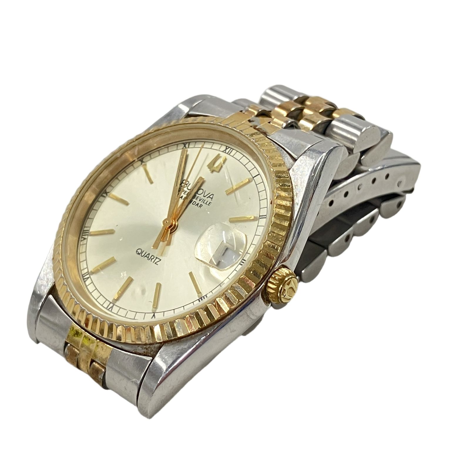 稼動　ブローバ　クオーツ　スーパーセビル　メンズ腕時計　ゴールド　リューズ故障 Bulova ブローバ Super seville calendar quartz 腕時計 不動 ジャンク