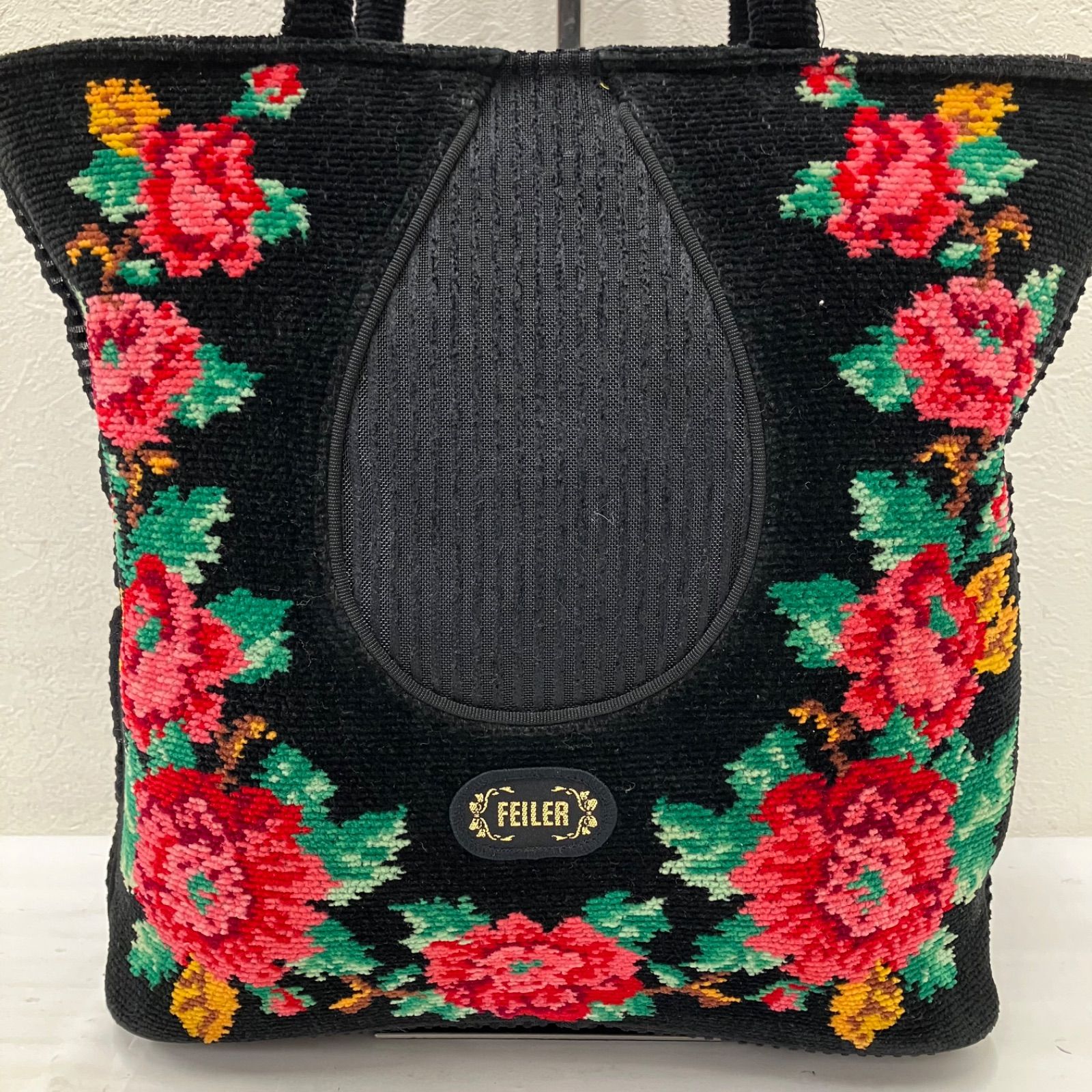 9488 【良品】 FEILER フェイラー トートバッグ ブラック 黒 花柄