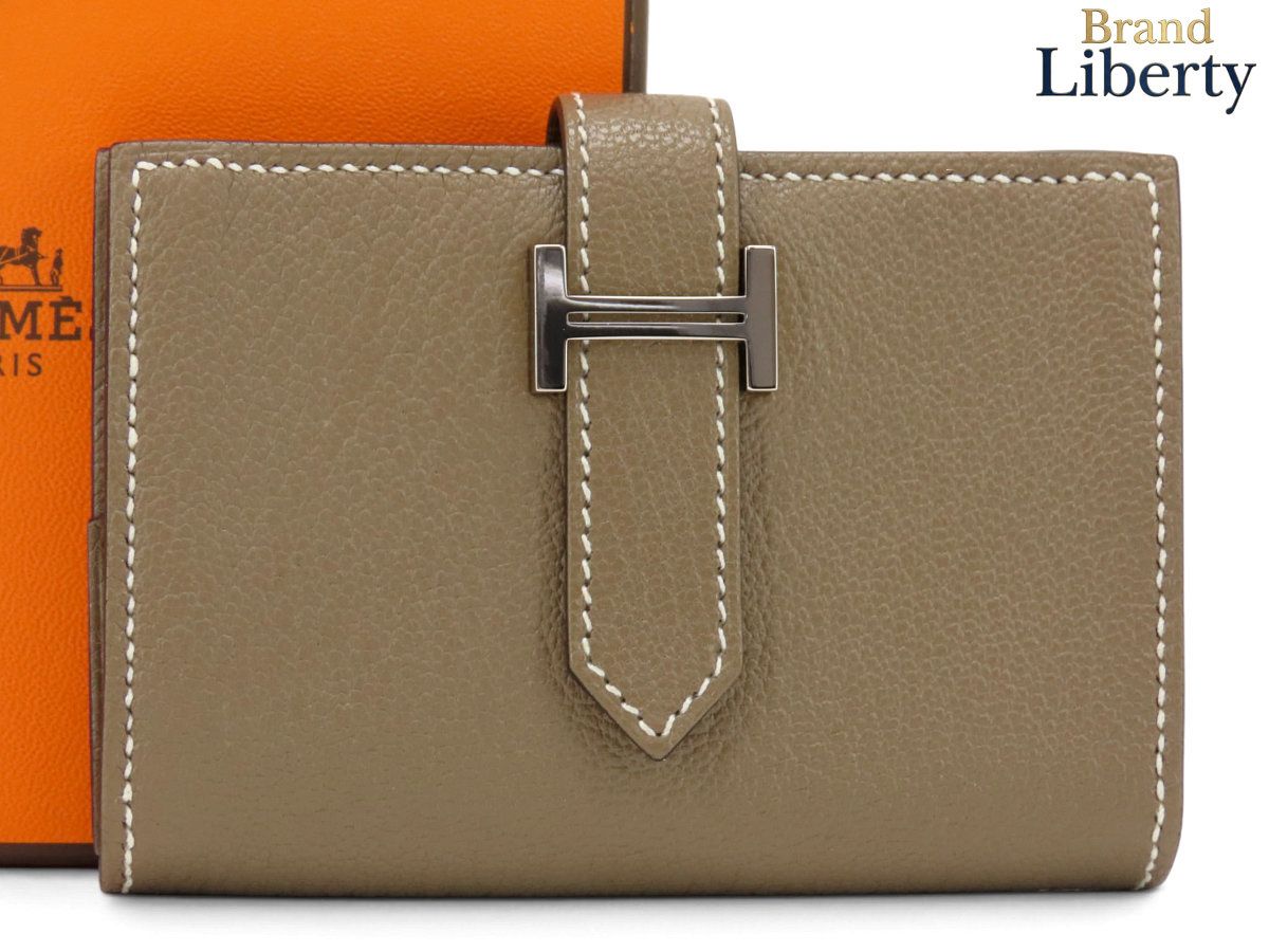 【未使用】エルメス HERMES ベアン ミニ コインケース コインパース 小銭入れ カードケース パスケース 名刺入れ コンパクト財布 エトゥープ ベージュ シルバー金具 シェーブル H039795CK 18 Z刻