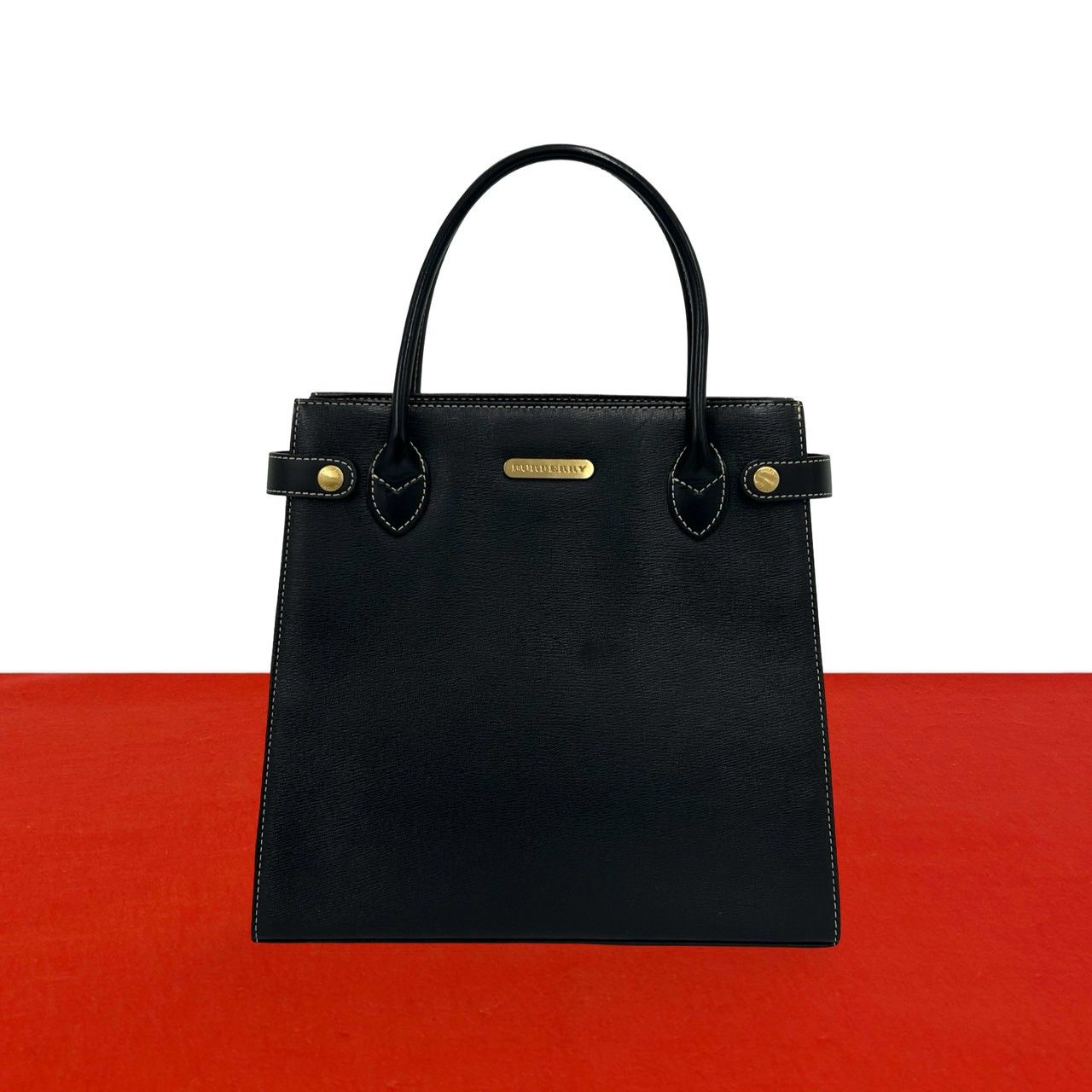 極 美品 BURBERRY バーバリー ロゴ プレート 金具 ノバチェック 柄 レザー 本革 ハンドバッグ トートバッグ ブラック 黒 85593