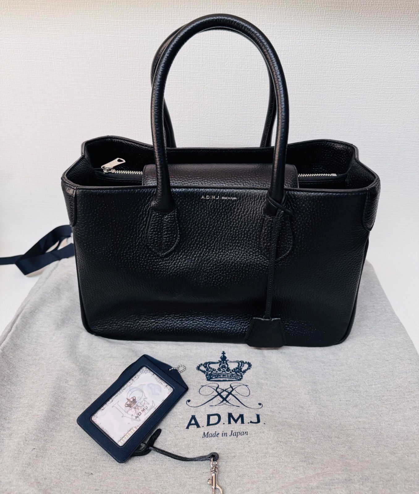 極美品 ADMJ 【アクセソア ドゥ マドモアゼル レザー トートバッグ ブラック×ゴールド金具 カード付き】 7,700円