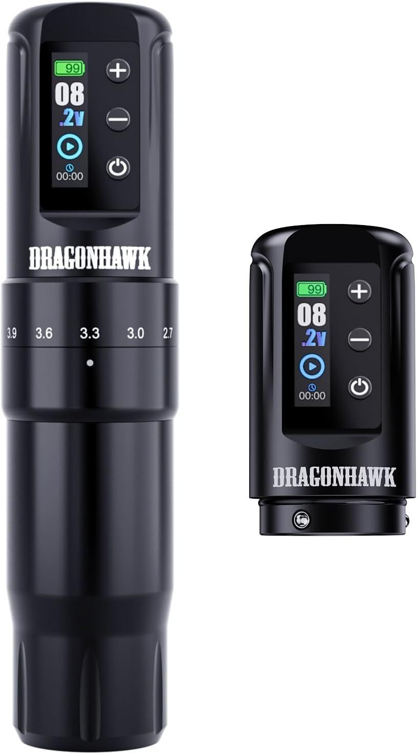 Dragonhawk Atom2 Pro コードレスタトゥーマシン 7段階ストローク調整 ワイヤレス＆有線対応 2000mAhバッテリー2個 針深さ0～4.5mm調整可能 ロータリーペン ブラック ライニング シェーディング対応 a-1563