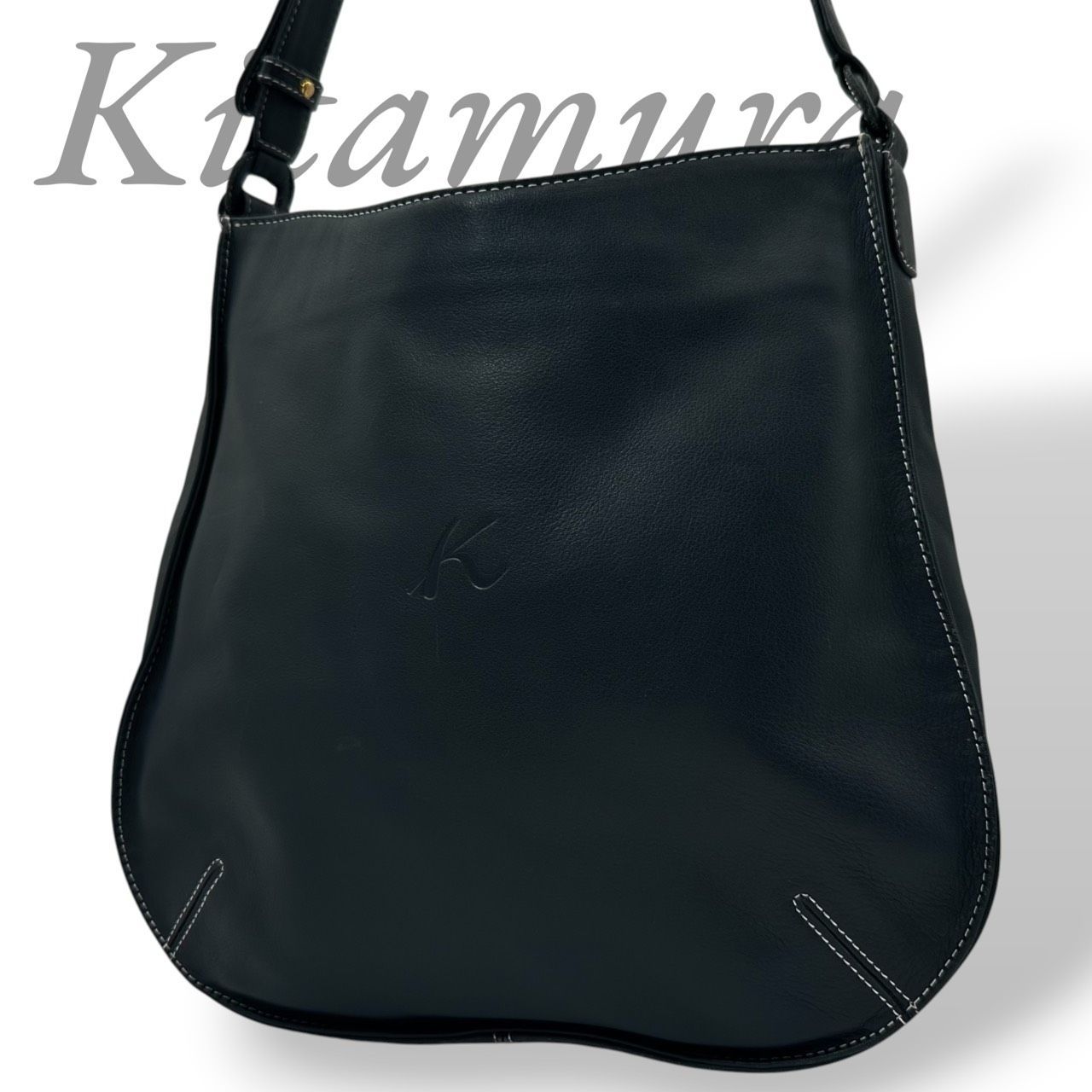 B6235】 Kitamura キタムラ ショルダーバッグ レザー ネイビー 斜め