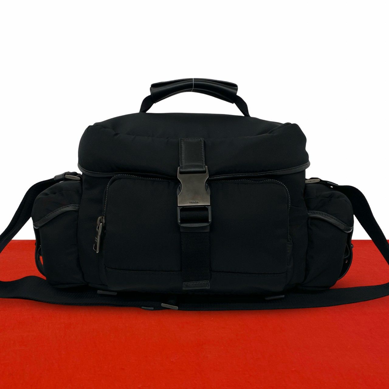 極 美品 PRADA プラダ 三角ロゴ 金具 テスート ナイロン レザー 本革 
