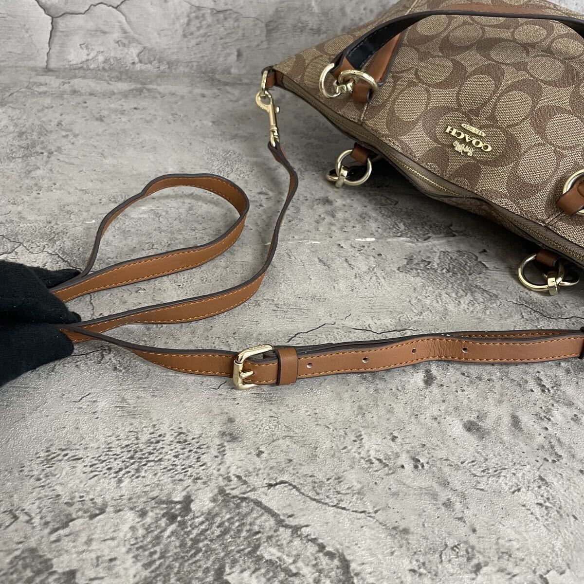 美品 COACH コーチ 2way ショルダーバッグ シグネチャー PVC レザー 茶 