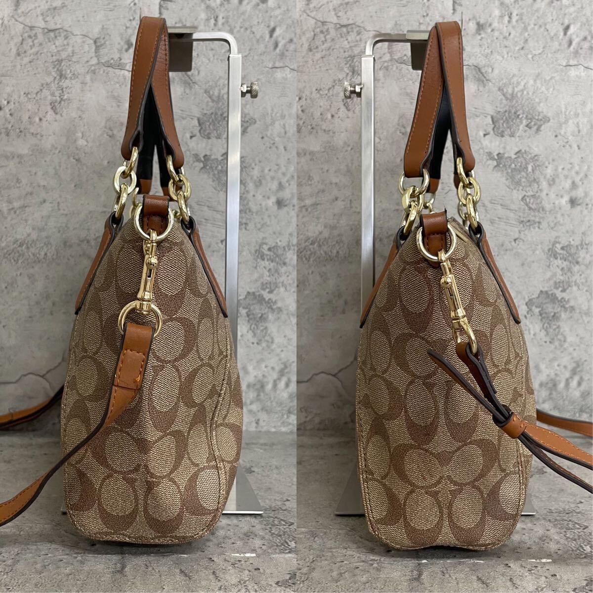 美品 COACH コーチ 2way ショルダーバッグ シグネチャー PVC レザー 茶 
