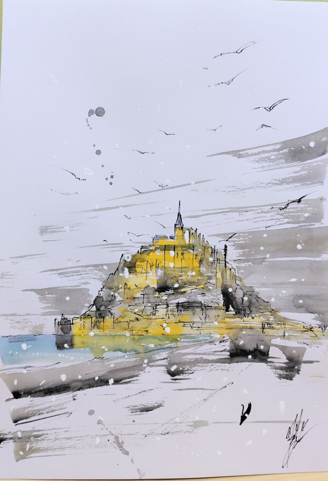 原画#655 黒猫 雪 モンサンミッシェル フランス 水彩画 アート