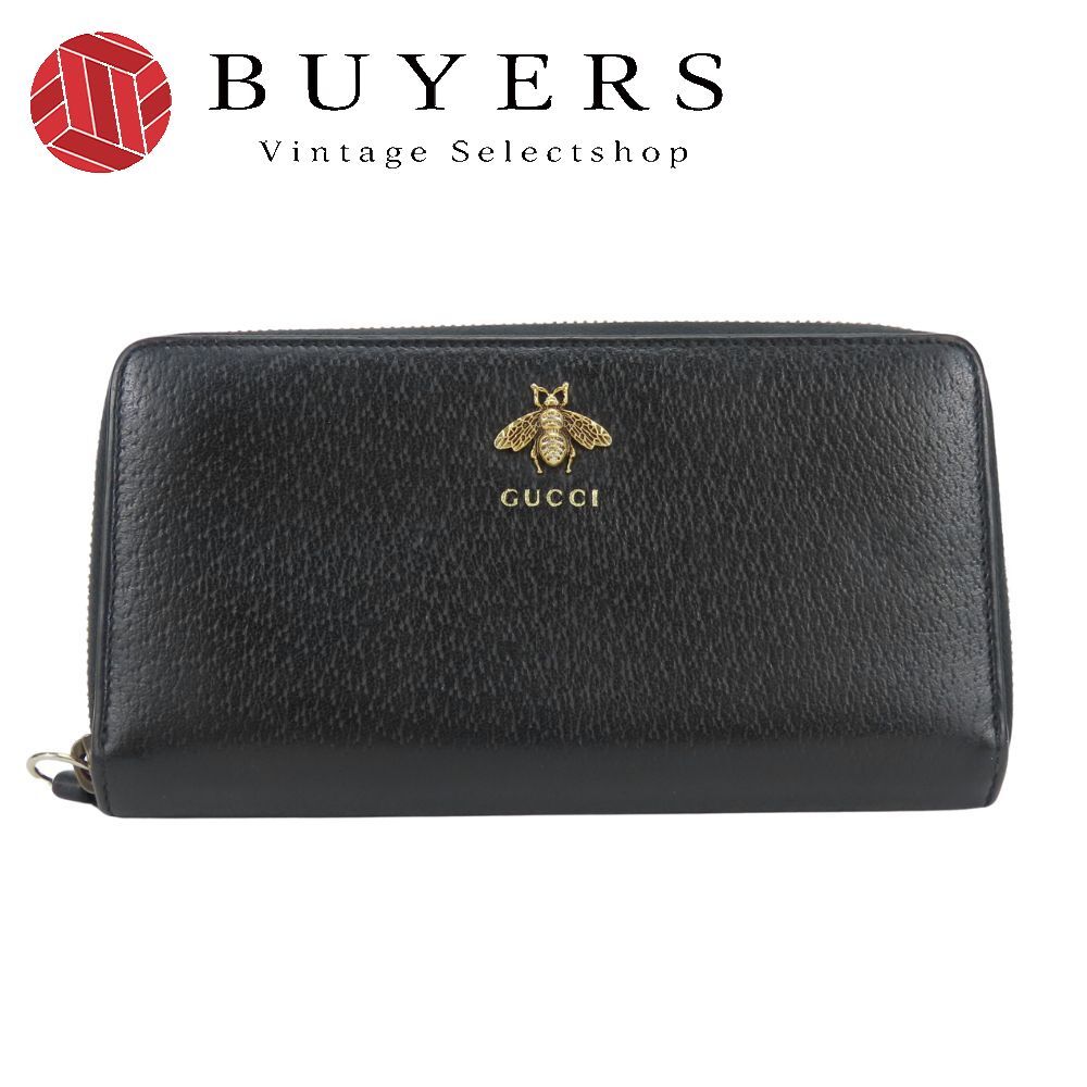 【中古】 グッチ 長財布（ラウンドファスナー） 523667 レザー ブラック ビー シンプル レディース 女性 GUCCI
