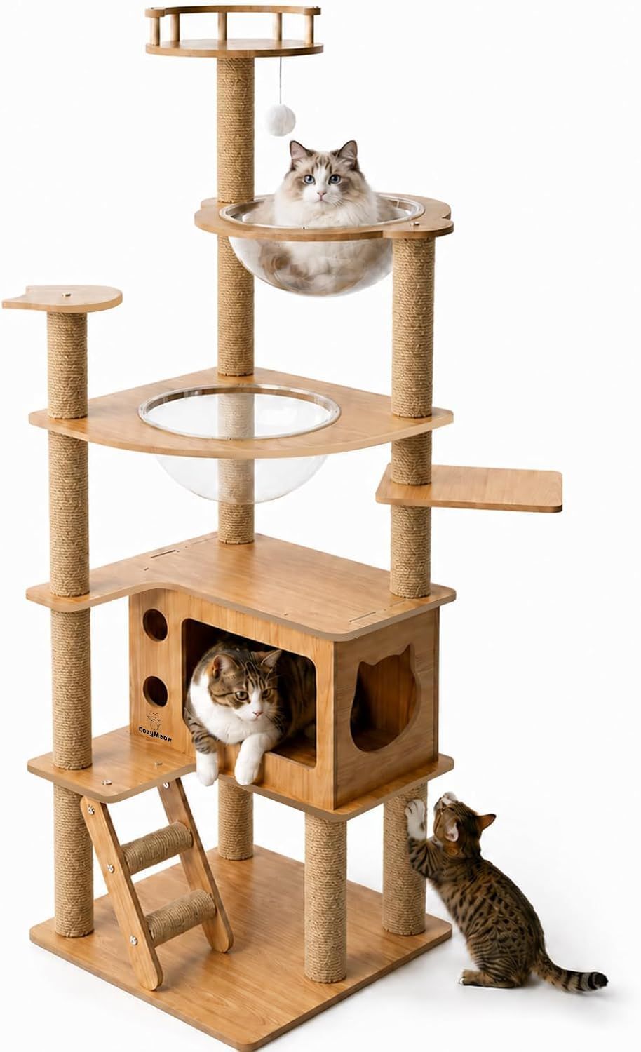 【在庫処分】多頭飼い 爪とぎ キャットウォーク 高さ約165cm 据え置き 猫タワー 大型猫用 宇宙船 スリム 木製 キャットタワー